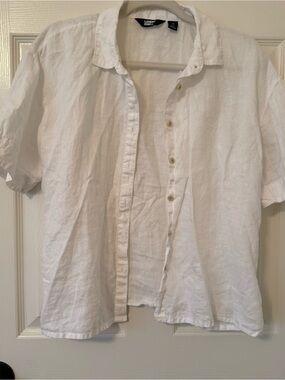 Lands' End White Linen Short-Sleeve Button-Down Shirt classic timeless